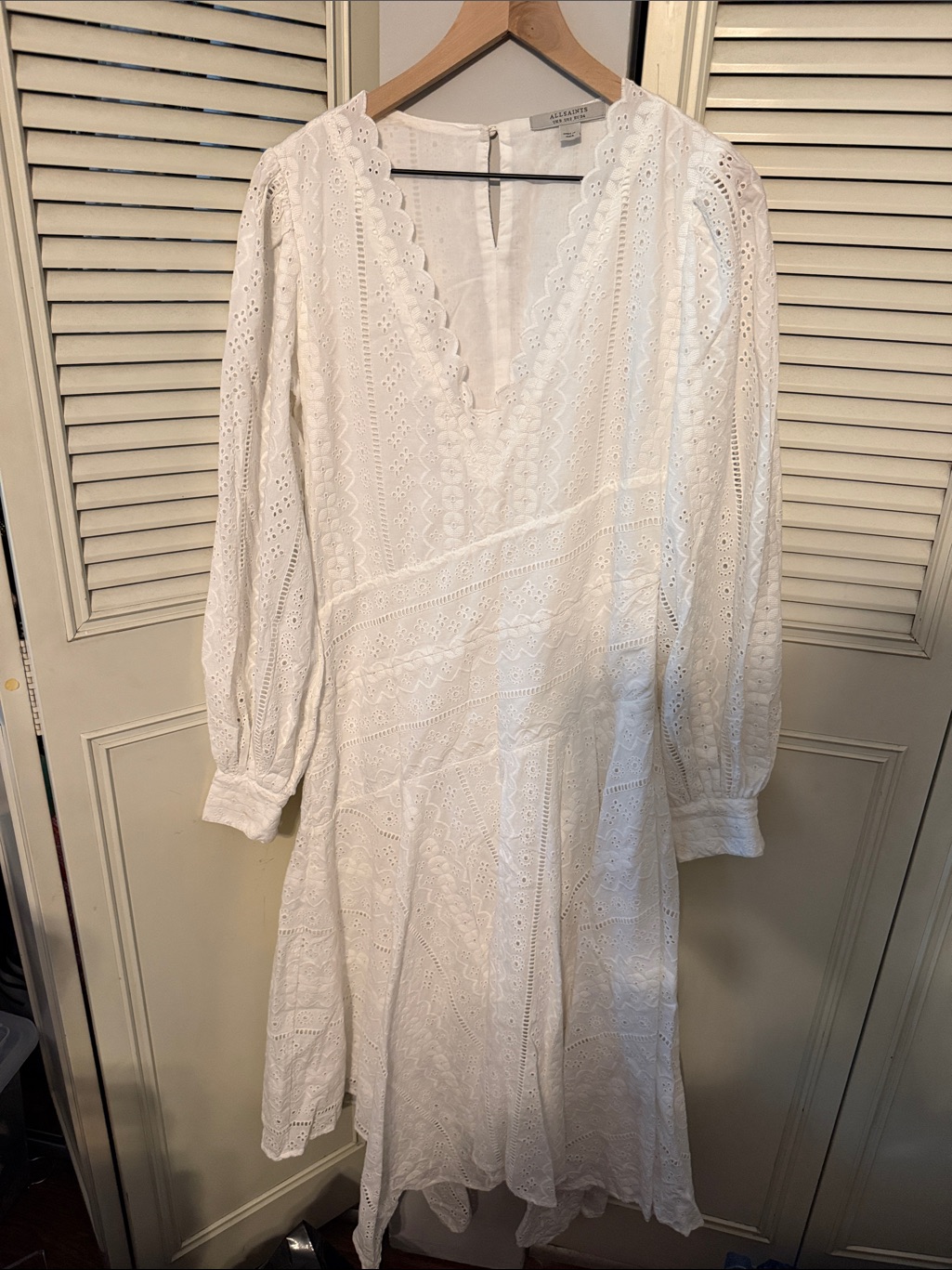 All Saints Aviana 100% Organic Cotton White Eyelet Long Sleeve Dress